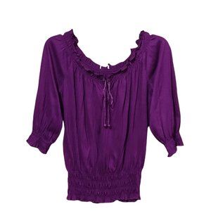 Women Fashion Casual Top, Mid-Sleeve, Ruffle Trim Top, Jam Purple, Medium